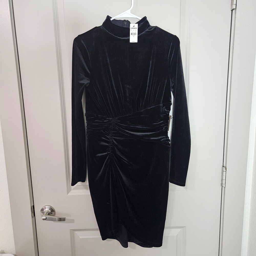 Express Womens Black Velvet Mock Neck Ruched Long Sleeve Bodycon Dress Small NWT